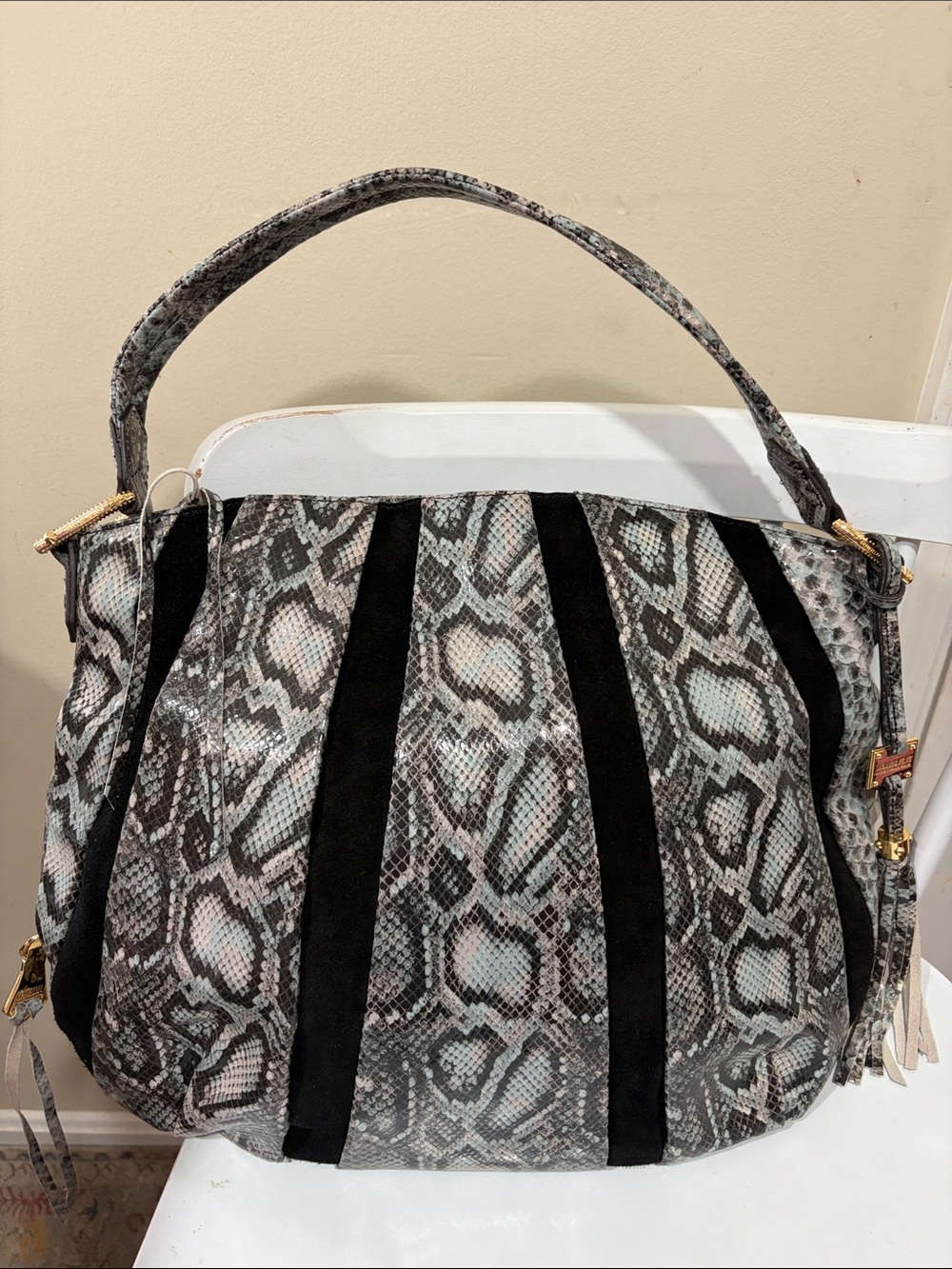 Aimee Kestenberg Tuscany hobo bag in a snakeskin print with black suede